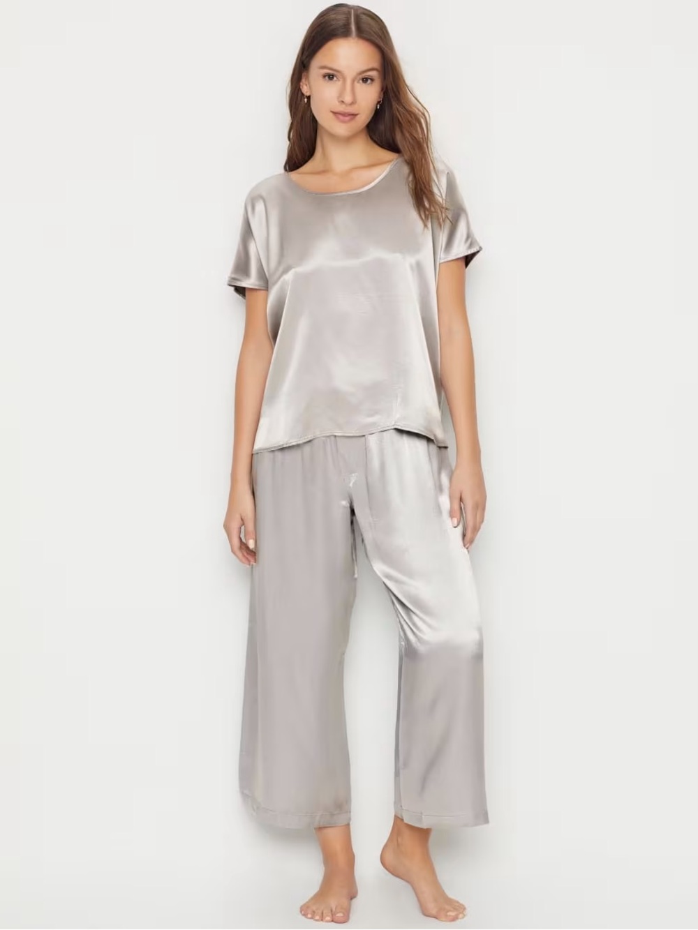 PJ Harlow Set Roxxy Top Jolie Capri Satin Pajama Set Dark Silver Gray L